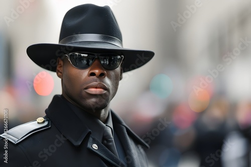 Stern Looking Security Officer in Uniform and Sunglasses Stands Tall in Urban Setting
