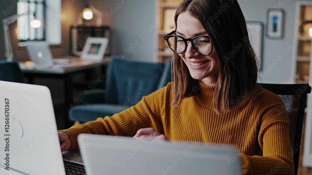 Young woman with glasses smiling while working on laptop in a modern home office with cozy atmosphere, bright lighting, creativity, productivity, and focus Young woman with glasses smiling while working on laptop in a modern home office with cozy atmosphere, bright lighting, creativity, productivity, and focus