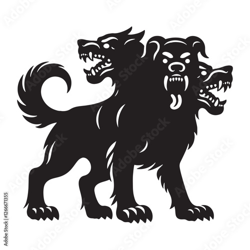 Ferocious three-headed Cerberus silhouette perfect for fantasy themes - Cerberus illustration - Cerberus vector - mythical creature silhouette
 photo