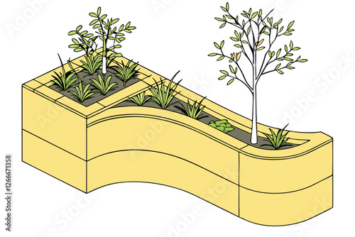  Photo of a unique, modern, and abstract garden design featuring a large, curved, yellow concrete structure with a smooth, wavy surface. The structure is divided into three sections, each containing