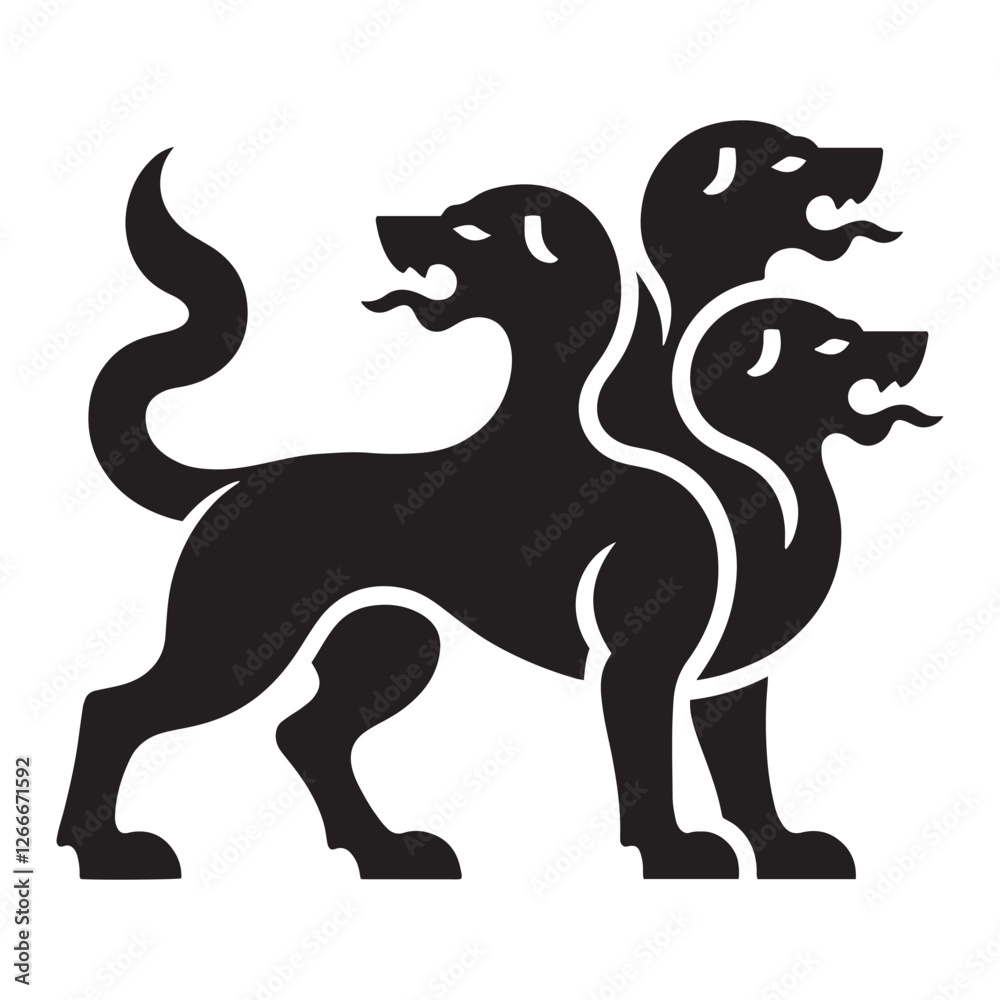 Obraz premium Greek underworld Cerberus silhouette standing as a fierce protector - Cerberus illustration - Cerberus vector - mythical creature silhouette 