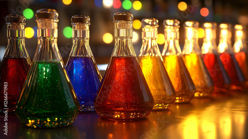 Colorful flasks lined up on a counter in a dimly lit room. Possible use for science education photo