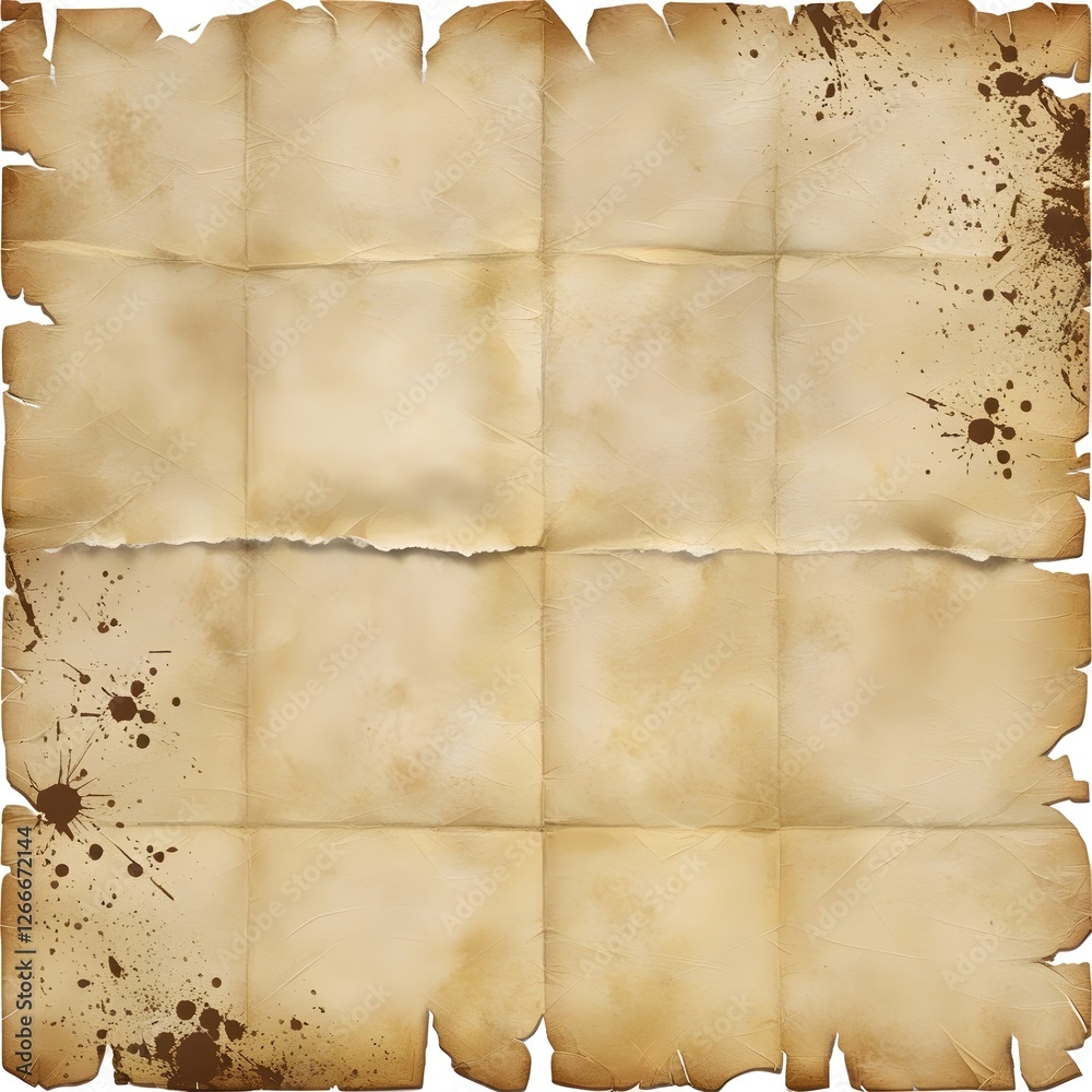 A worn, torn, and creased sheet of aged paper, resembling a vintage parchment, with a prominent worn-out texture, showcasing a multitude of subtle tear lines, yellowed discoloration, A worn, torn, and creased sheet of aged paper, resembling a vintage parchment, with a prominent worn-out texture, showcasing a multitude of subtle tear lines, yellowed discoloration,
