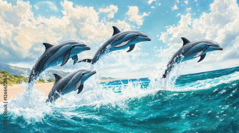 Fototapeta premium Four Dolphins Leaping Gracefully Over Ocean Waves, Coastal Paradise