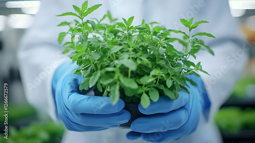 Scientist holding small plant in lab (1) photo