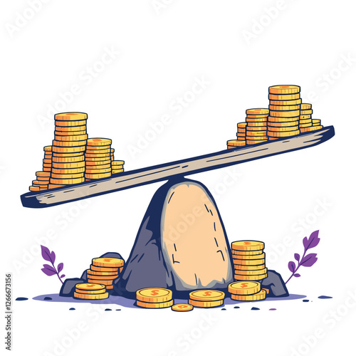 Seesaw balancing different amounts of gold coins representing investment risk and reward