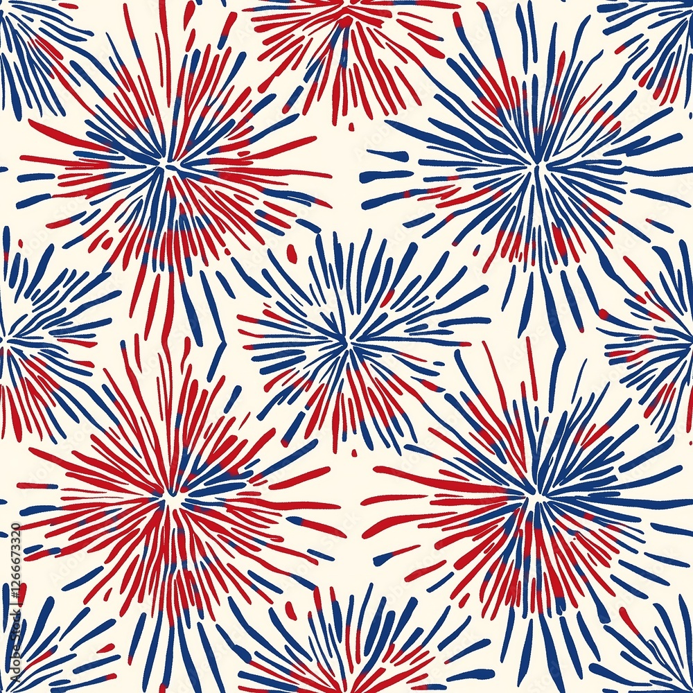 Fototapeta premium Seamless Pattern Vibrant pattern featuring red and blue fireworks on a light background.