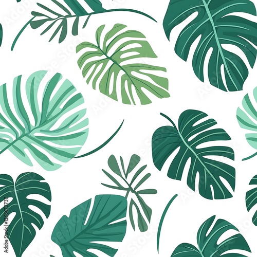 Seamless Pattern A vibrant pattern featuring various tropical leaves on a clean background.