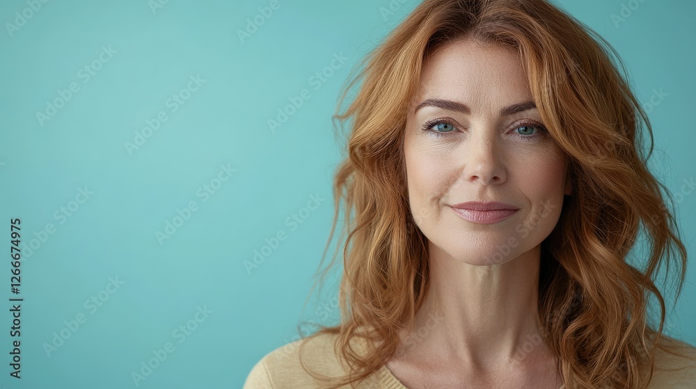 Confident Woman with Red Hair Smiling Against a Soft Blue Background Confident Woman with Red Hair Smiling Against a Soft Blue Background