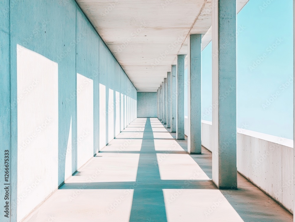 Fototapeta premium Minimalist Concrete Corridor with Sunlit Abstract Patterns - Modern Architectural Design and Aesthetic Spaces for Contemporary Urban Developments and Innovative Workspace Solutions