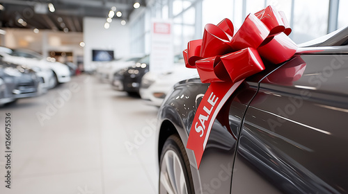 New car in a car showroom with a bright red bow and a 
