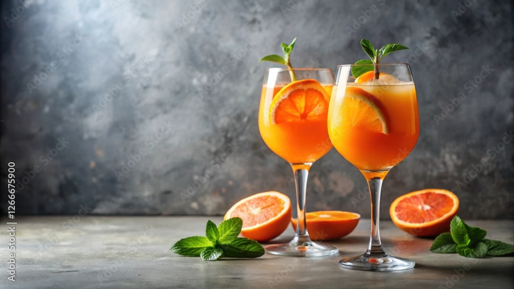 Fototapeta premium Refreshing citrus beverage in elegant glassware with orange slices and mint garnish on a textured surface