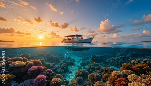 A tropical beach with a glass-bottom boat, floating over a colorful coral reef teeming with marine life, The water is so clear that every detail of the reef is visible from the swaying sea anemones. photo