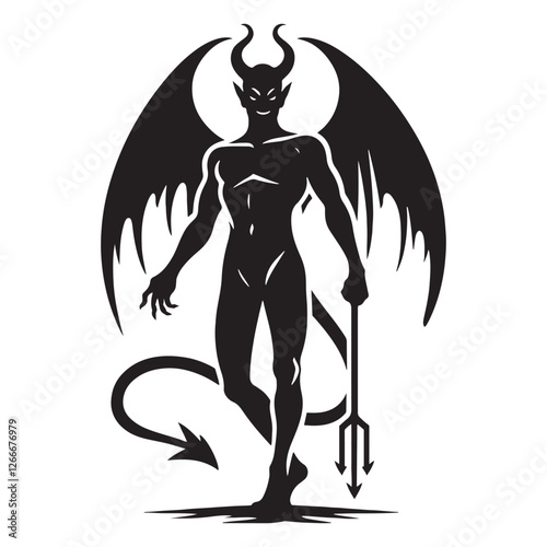 Fiery-eyed Devil silhouette symbolizing evil and mysticism - Devil illustration - Devil vector - mythical creature silhouette
