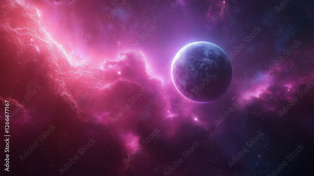 Obraz premium Fantasy pink moon over snowy mountain landscape, otherworldly scene, vibrant twilight, celestial body, surreal alien landscape, mysterious night, cosmic atmosphere, fantasy background