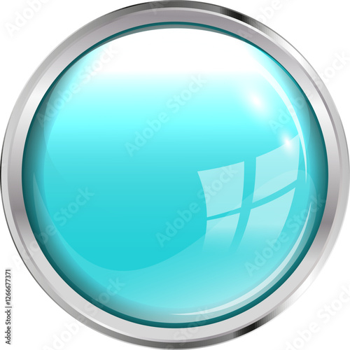 Glass button of aquamarine, turquoise color in a round silver frame. Vector illustration for animation, app. EPS file