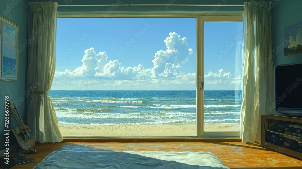 Fototapeta premium Beach view from a cozy room with sunlight, ideal for travel or relaxation themes
