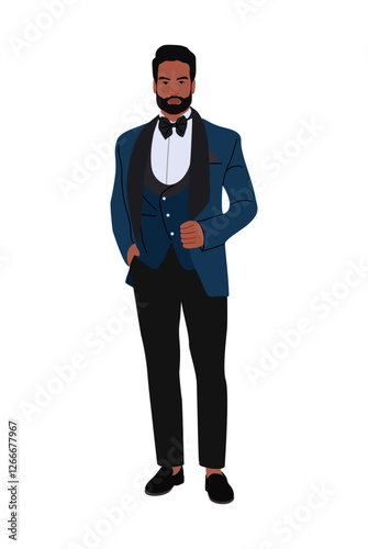 Elegant man wearing tuxedo, suit for formal event, party, wedding. Handsome bearded black businessman in luxury clothes. Vector realistic illustration isolated on white background.