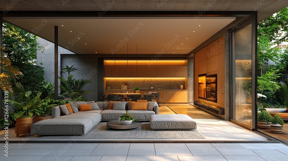 Modern Tropical Living Room Design with Open-Concept Kitchen and Garden View Modern Tropical Living Room Design with Open-Concept Kitchen and Garden View