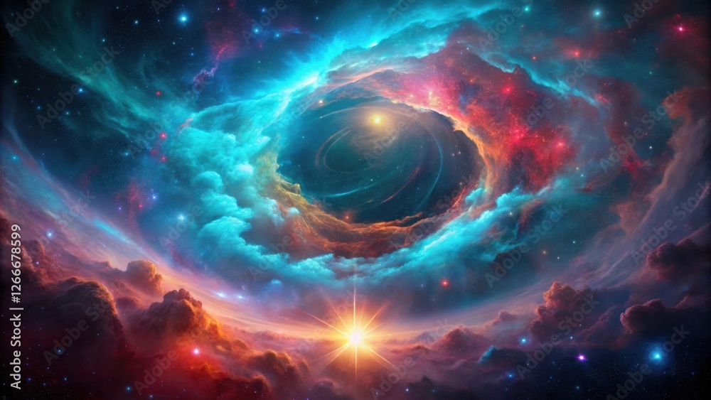 Obraz premium Cosmic Nebula A Celestial Tapestry of Vibrant Hues and Glowing Stars, Unveiling a Mystical Interstellar Vortex