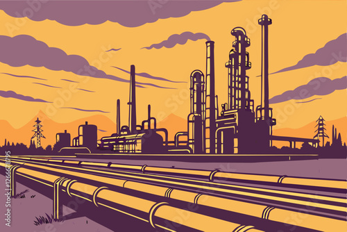  Photo of a large industrial complex at sunset, featuring rows of oil refineries with tall smokestacks and pipes stretching across the frame. The sky is a gradient of orange and purple hues, with sc
