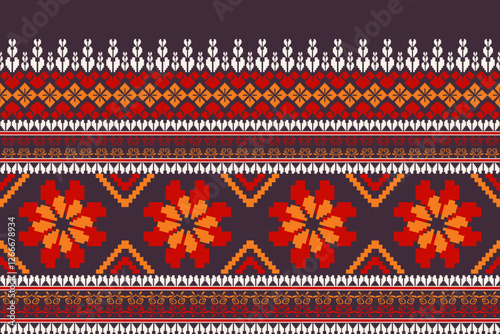Pixel ethnic  pattern oriental traditional. Design fabric pattern textile African, Aztec African America Indian seamless. Floral pixel art pattern on navy background  vector illustration