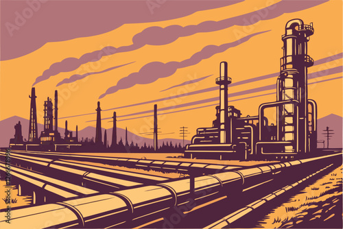  Photo of a large industrial complex at sunset, featuring rows of oil refineries with tall smokestacks and pipes stretching across the frame. The sky is a gradient of orange and purple hues, with sc