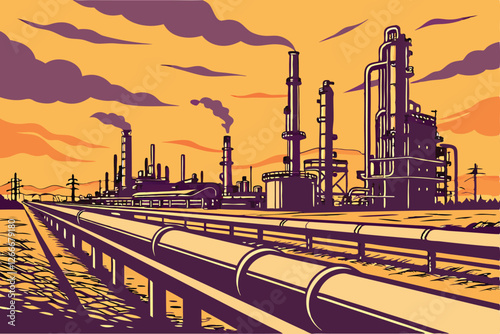  Photo of a large industrial complex at sunset, featuring rows of oil refineries with tall smokestacks and pipes stretching across the frame. The sky is a gradient of orange and purple hues, with sc