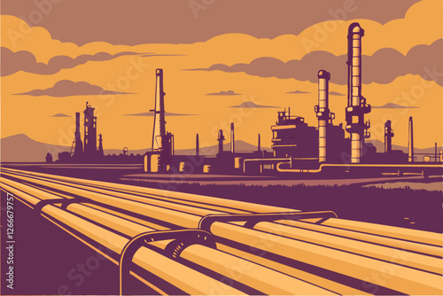  Photo of a large industrial complex at sunset, featuring rows of oil refineries with tall smokestacks and pipes stretching across the frame. The sky is a gradient of orange and purple hues, with sc