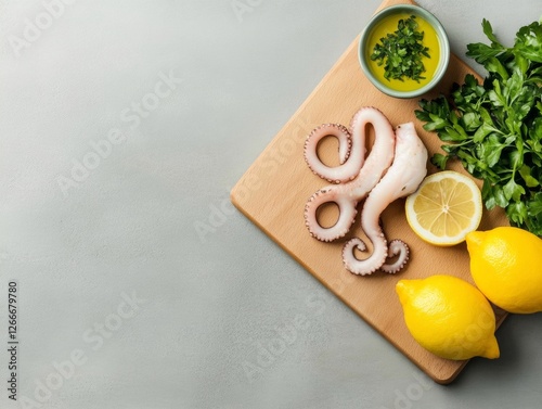 Mediterranean Gastronomy Art Grilled Octopus Tentacles on Rustic Board with Herb Oil and Charred Lemon - Gourmet Culinary Content for Upscale Dining Experiences photo