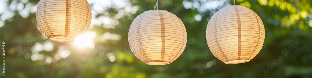 Fototapeta premium Vibrant Outdoor Festival Scene Illuminating Paper Lanterns in Eco-Designed Garden Setting - Cultural Celebration Content for Event Planners and Community Gatherings