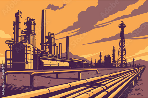  Photo of a large industrial complex at sunset, featuring rows of oil refineries with tall smokestacks and pipes stretching across the frame. The sky is a gradient of orange and purple hues, with sc