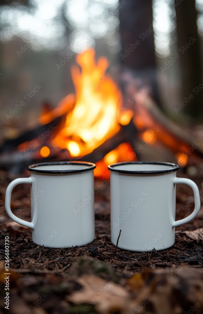 Two white enamel mugs by campfire on ground Two white enamel mugs by campfire on ground