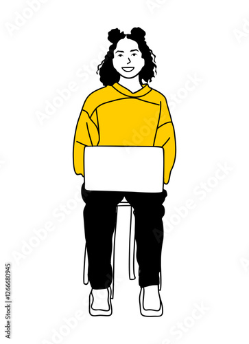 Linear vector illustration of young girl sitting, working on laptop, watching online course, training. Education concept. Back to school. 