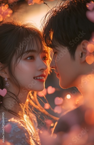 Beautiful young Asian couple smiling lovingly with romantic eye contact