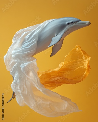 Vibrant Eco Sculpture Bottlenose Dolphin Surrounded by Textured Plastic in Oceanic Exhibit - Environmental Awareness Art for Sustainability Campaigns photo