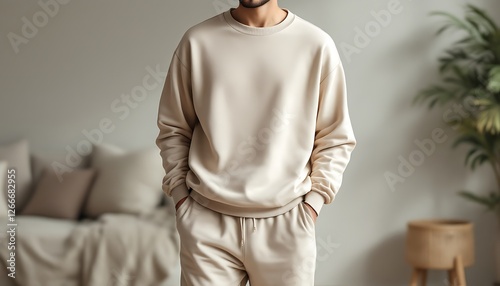Man Wearing Casual Beige Sweatshirt and Pants in Cozy Home Setting