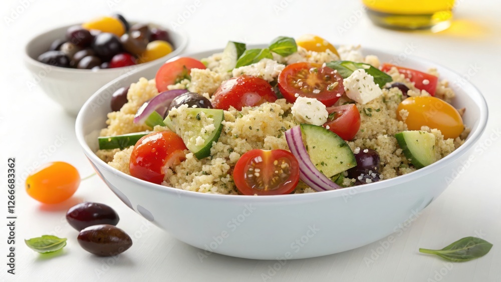 Fresh Mediterranean Couscous Salad with Cherry Tomatoes, Cucumbers, Black Olives, and Feta Cheese, A Healthy and Refreshing Dish Fresh Mediterranean Couscous Salad with Cherry Tomatoes, Cucumbers, Black Olives, and Feta Cheese, A Healthy and Refreshing Dish