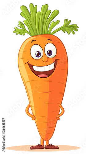 Cartoon style, anthropomorphic carrot, bright orange, cartoon big eyes, round nose, wide friendly smile, transparent background