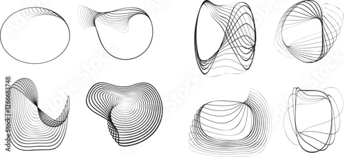 Lines in irregular Form . Rotate rounded shape Vector Illustration .Rotating shapes form a ring.Rotating design element . Various lines forming round frame . Abstract Geometric line art .