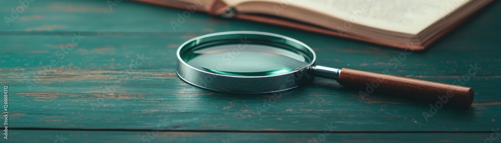 Magnifying Glass on Wooden Surface Next to Open Book for Exploration and Investigation Purposes Magnifying Glass on Wooden Surface Next to Open Book for Exploration and Investigation Purposes