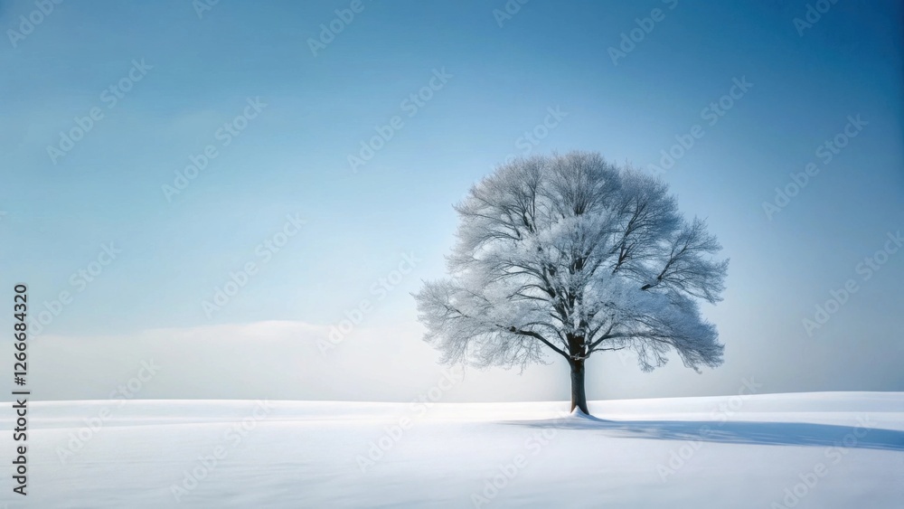 Serene Winter Landscape A solitary frost-covered tree stands in a vast, snow-covered field under a clear, pale blue sky. Serene Winter Landscape A solitary frost-covered tree stands in a vast, snow-covered field under a clear, pale blue sky.