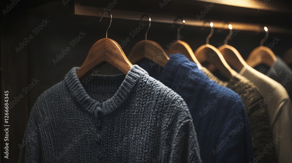 Fototapeta premium Beige and navy fashion Clothes on a clothing hanger,knitwear and hoodies on hangers,Minimal fashion clothes on a rack,Fashion blog, website, social media,store in shopping mall,sale online.