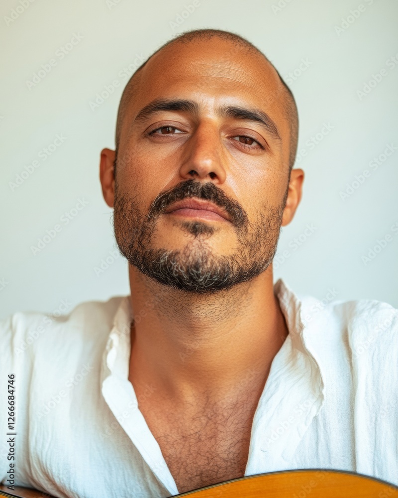 Obraz premium Timeless Acoustic Soul Reflective Portrait of Middle Eastern Indie Artist with Guitar - Wellness and Cultural Celebration for National Acoustic Soul Day