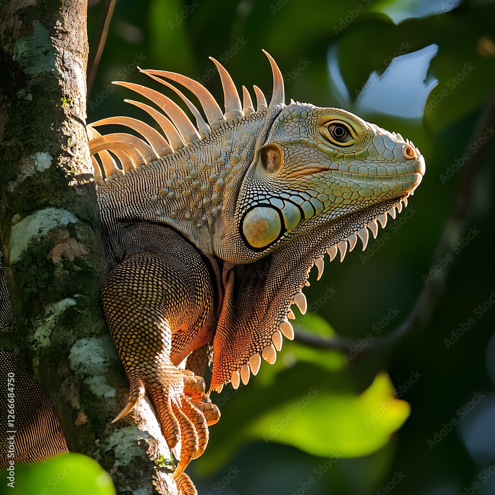 Obraz premium An iguana in its tropical rainforest home, climbing along a tree with its spiked crest standing out in the sunlight.