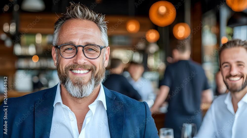 Obraz premium Smiling businessman meeting colleague cafe