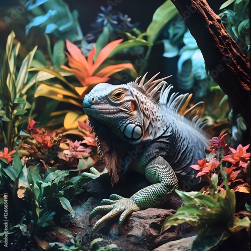 An iguana molting its skin in a terrarium, with colorful tropical plants in the background. photo