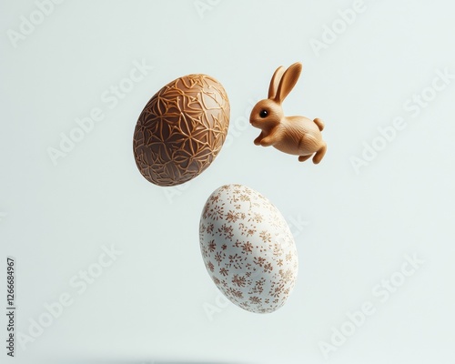 Whimsical Easter Elegance Chocolate Bunny and Artistic Eggs in Mid-Air - Contemporary Spring Decor and Gifting for Event Planners and Retail Marketing photo