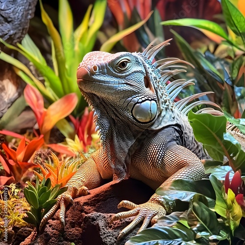 An iguana molting its skin in a terrarium, with colorful tropical plants in the background. photo