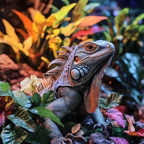 An iguana molting its skin in a terrarium, with colorful tropical plants in the background. photo